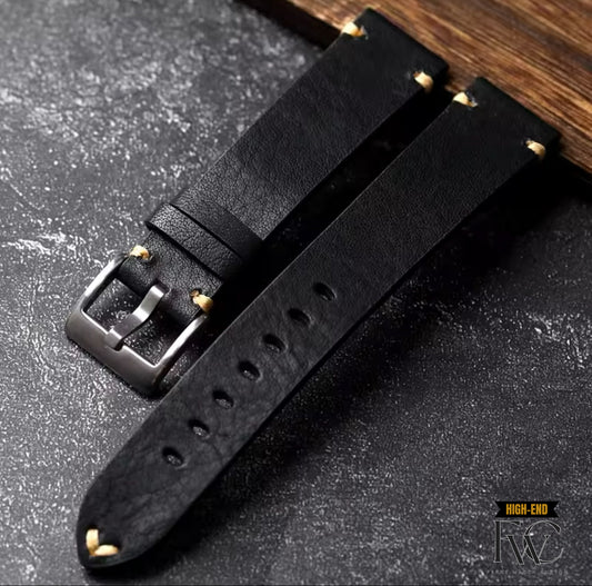 Retro Black Leather Watch Strap